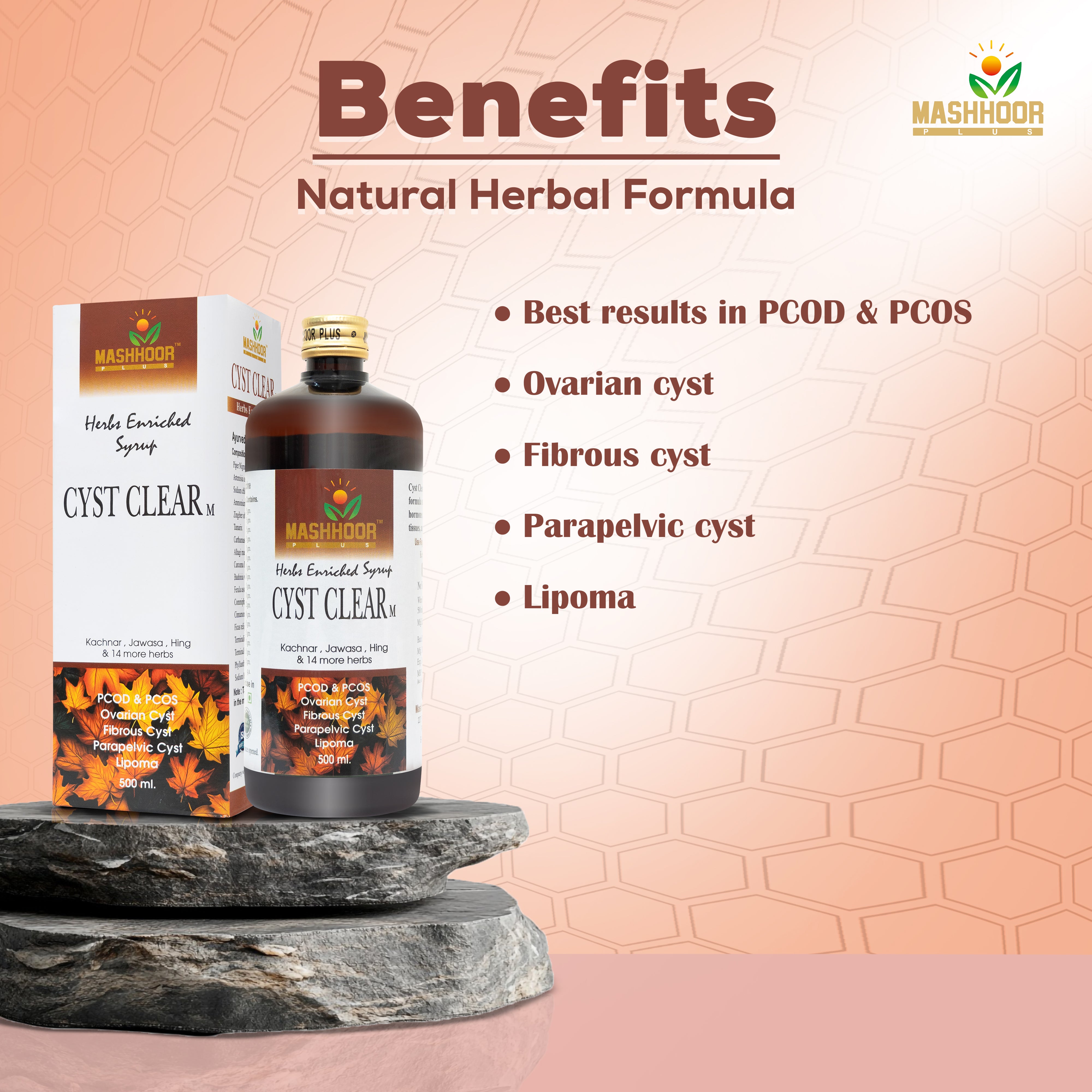 MASHHOOR CYST CLEAR-M HERBAL SYRUP FOR PCOD, PCOS & CYSTS (500ML)