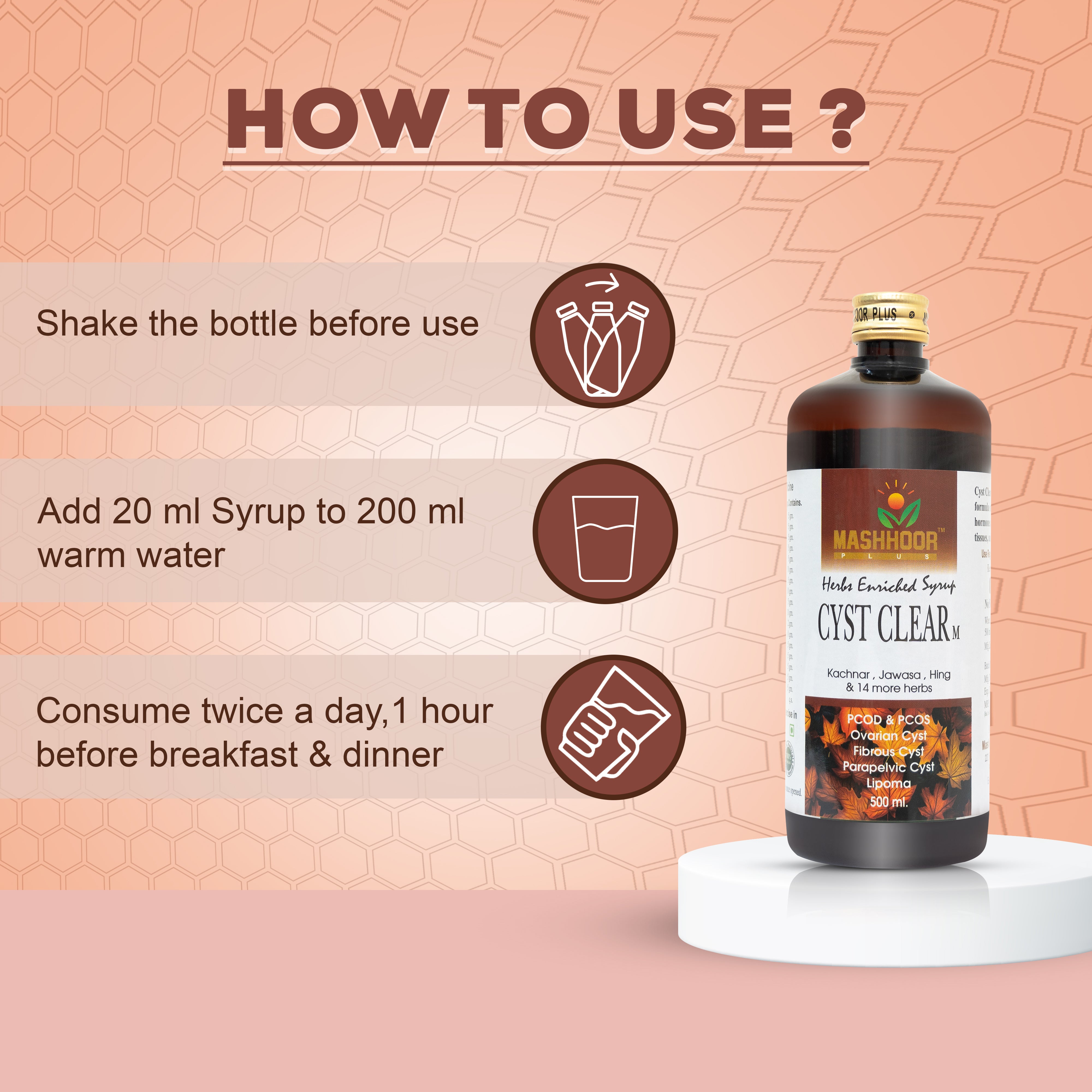 MASHHOOR CYST CLEAR-M HERBAL SYRUP FOR PCOD, PCOS & CYSTS (500ML)